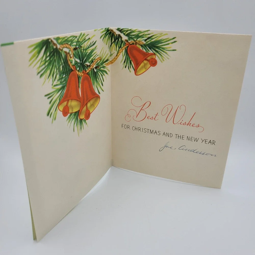 Vintage Season's Greetings Christmas Card Bells Holiday USA Made‎